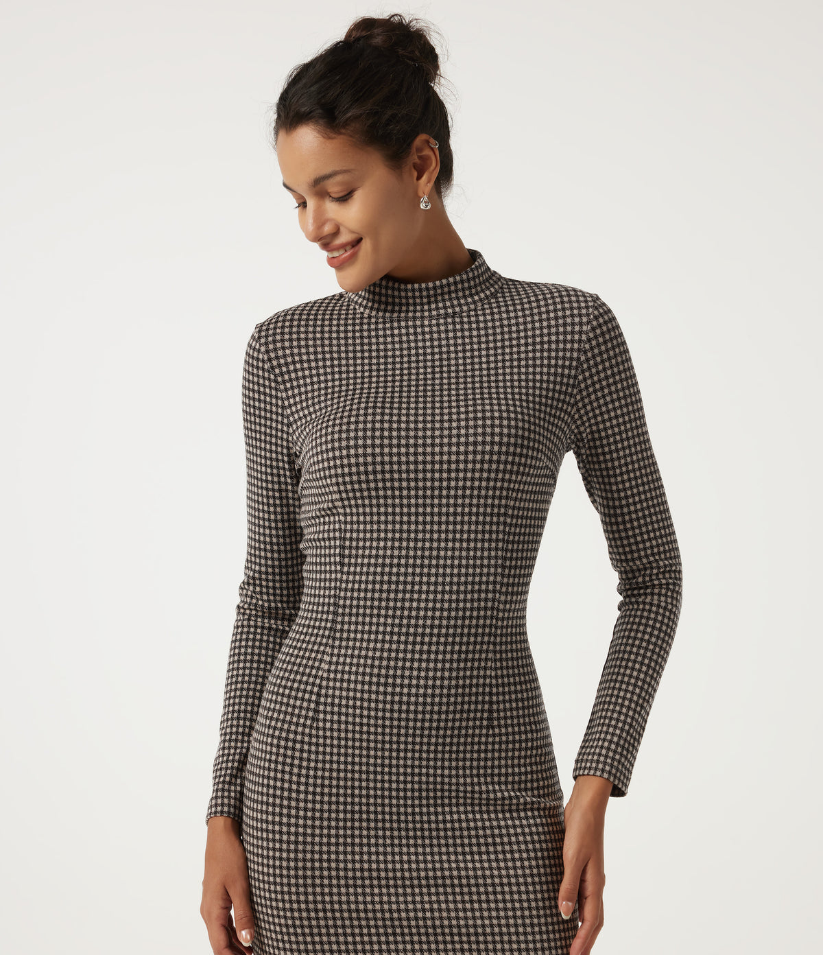 Mock Neck Long Sleeve Patterned Bodycon Work Midi Dress — Latte Night Grid — view 4