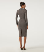 Mock Neck Long Sleeve Patterned Bodycon Work Midi Dress — Latte Night Grid — view 2