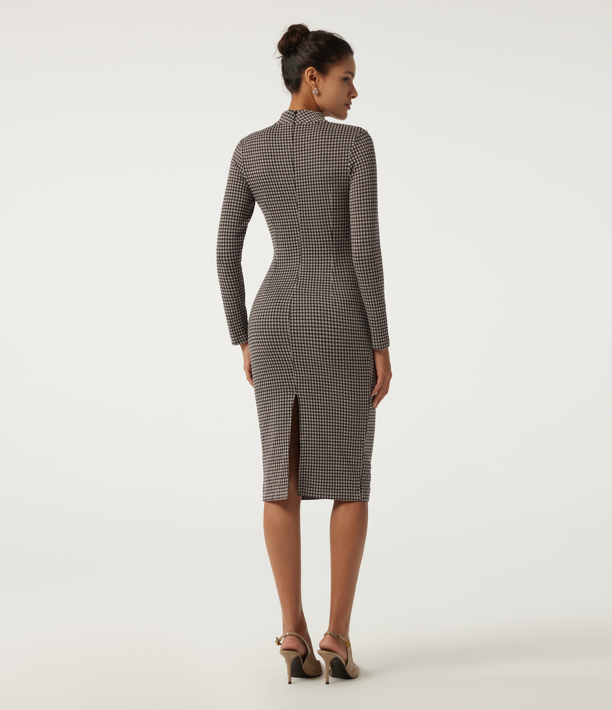 Mock Neck Long Sleeve Patterned Bodycon Work Midi Dress — Latte Night Grid — view 2