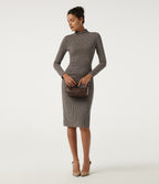 Mock Neck Long Sleeve Patterned Bodycon Work Midi Dress — Latte Night Grid — view 7