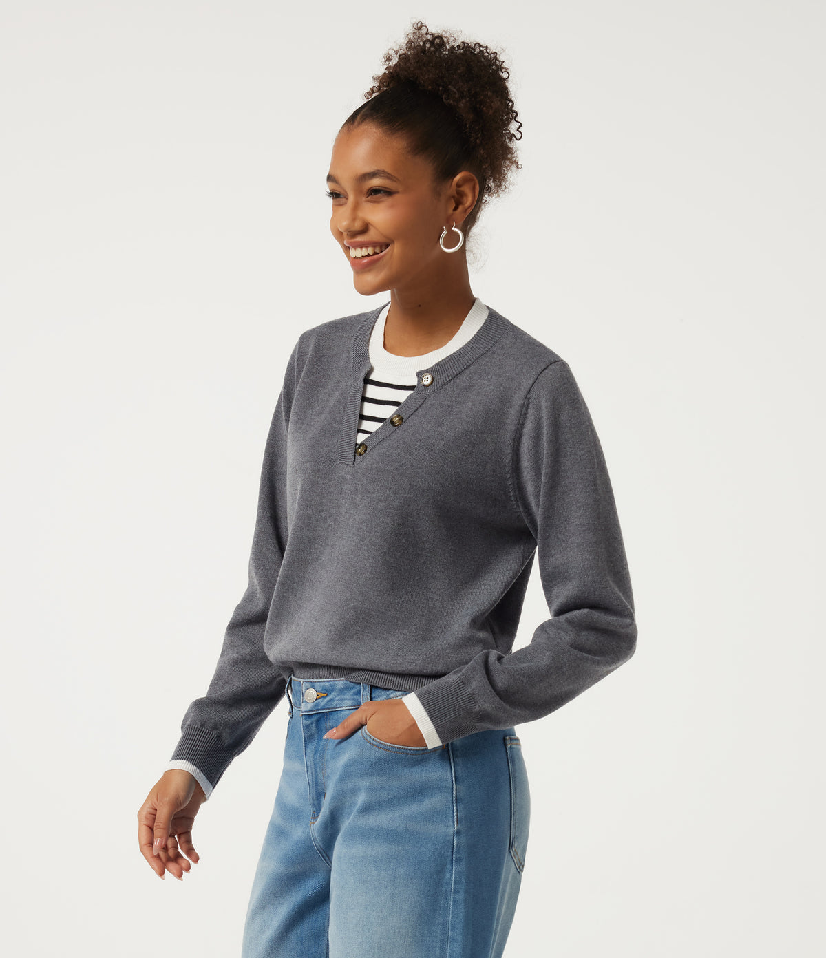 Round Neck Long Sleeve Stripe Work Jumper — City Skyline — view 3