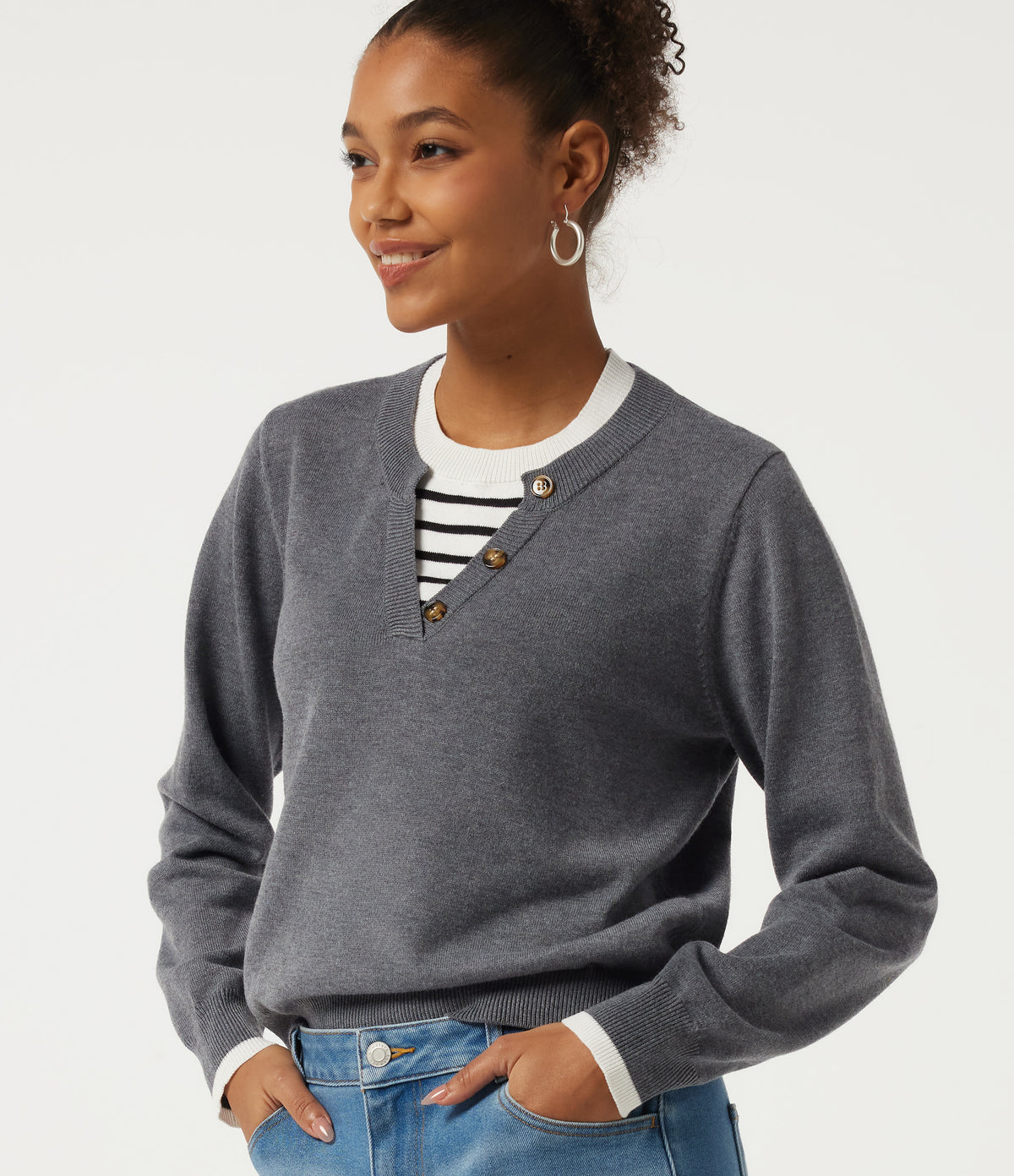 Round Neck Long Sleeve Stripe Work Jumper — City Skyline — view 4