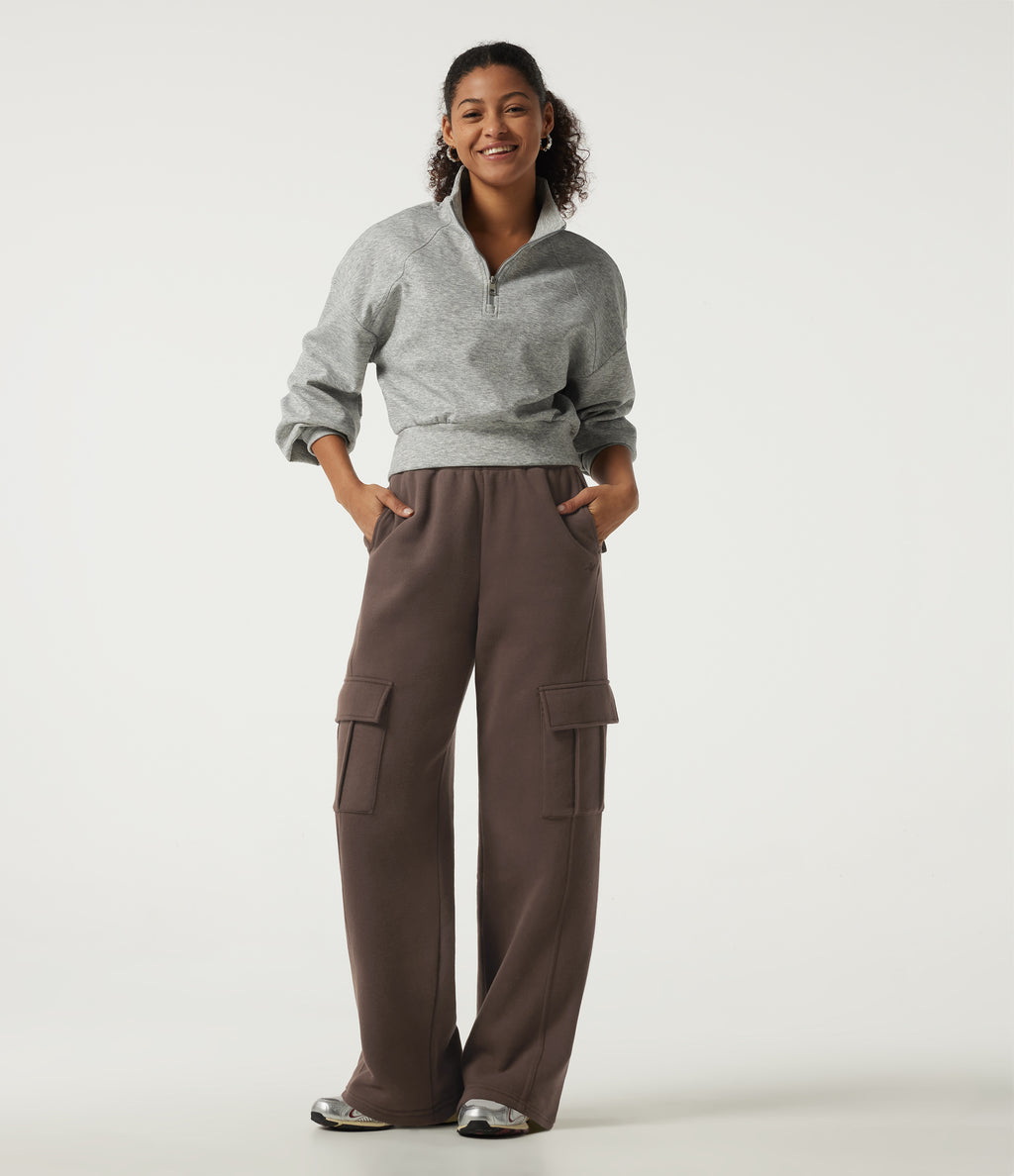 High Waisted Baggy Fleece Casual Sweatpants with Pockets — Chocolate Brown — view 8