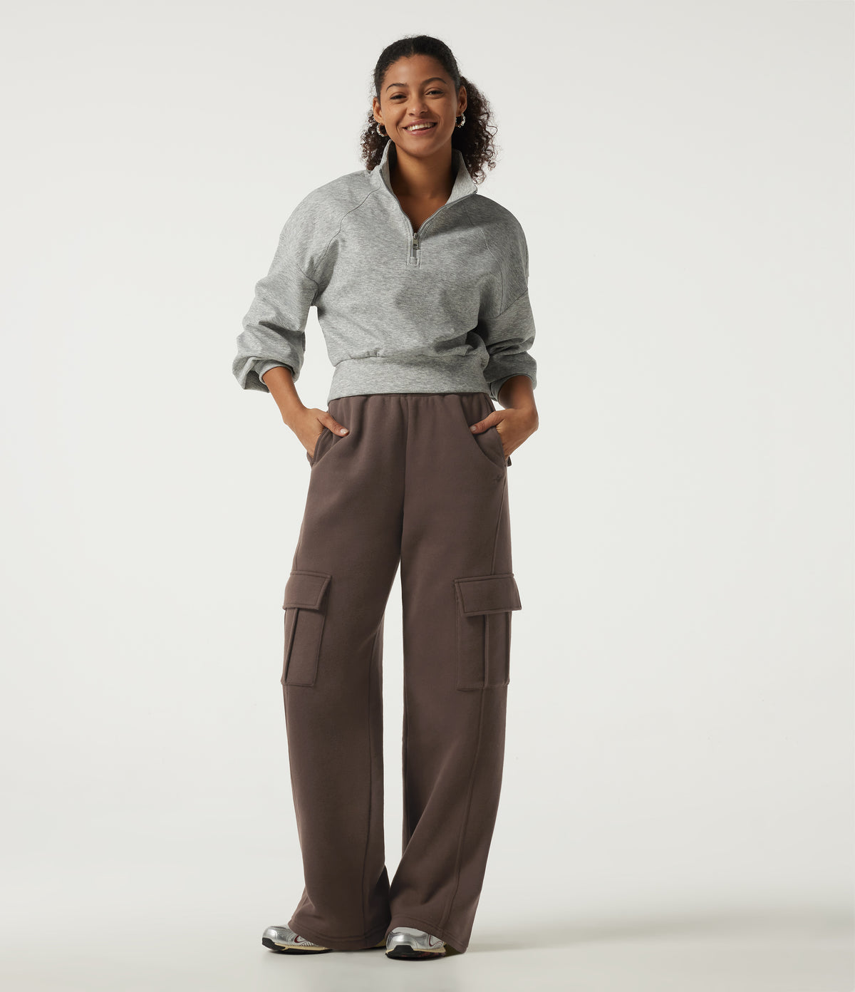 High Waisted Baggy Fleece Casual Sweatpants with Pockets — Chocolate Brown — view 8