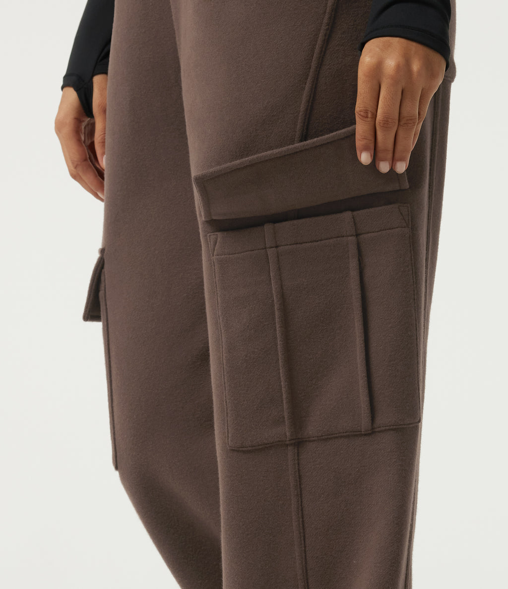 High Waisted Baggy Fleece Casual Sweatpants with Pockets — Chocolate Brown — view 6