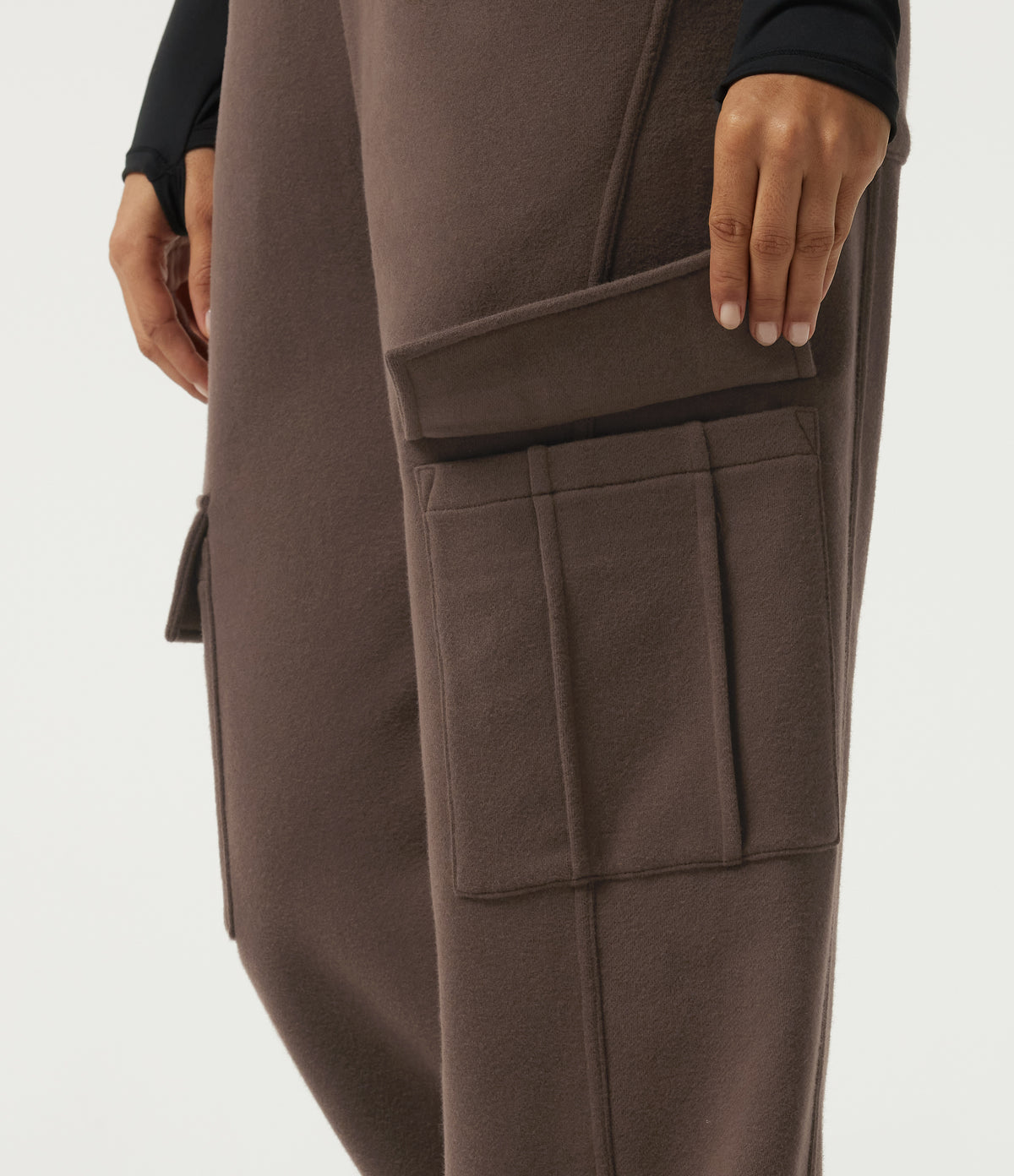 High Waisted Baggy Fleece Casual Sweatpants with Pockets — Chocolate Brown — view 6