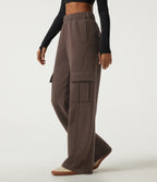 High Waisted Baggy Fleece Casual Sweatpants with Pockets — Chocolate Brown — view 3