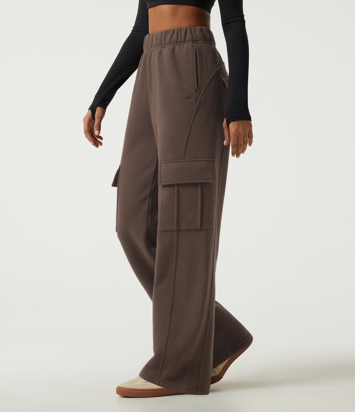 High Waisted Baggy Fleece Casual Sweatpants with Pockets — Chocolate Brown — view 3