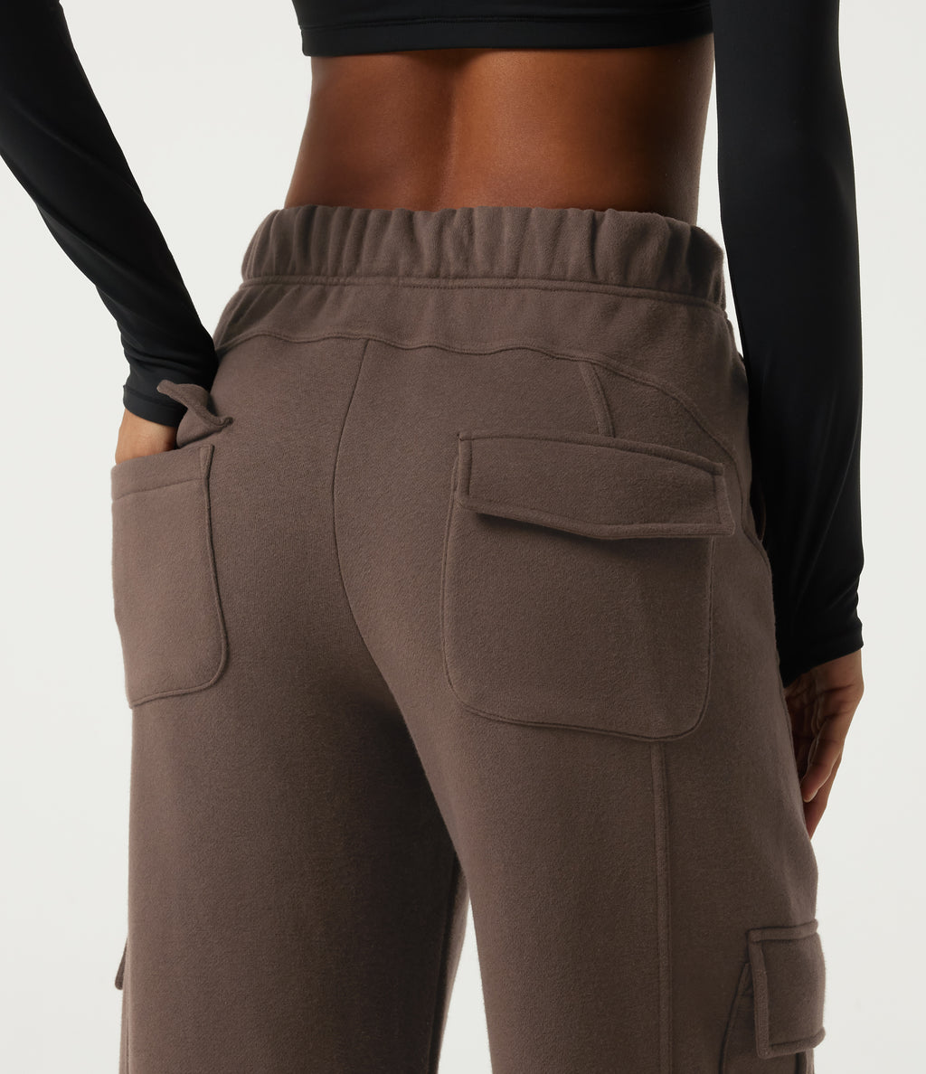 High Waisted Baggy Fleece Casual Sweatpants with Pockets — Chocolate Brown — view 5