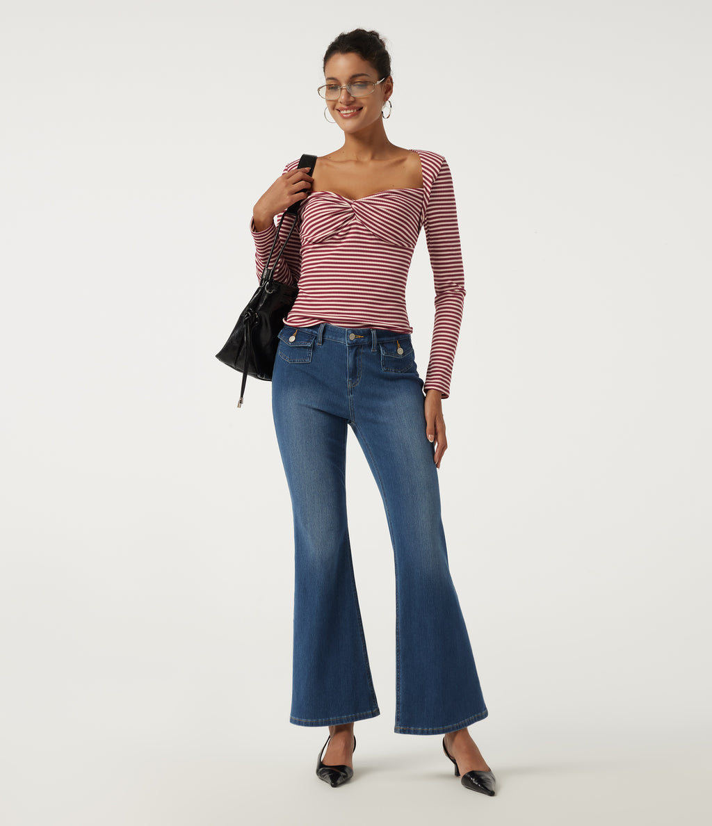Ribbed Knit Queen Anne Neck Long Sleeve Stripe Casual Top — Cranberry Stripe — view 7