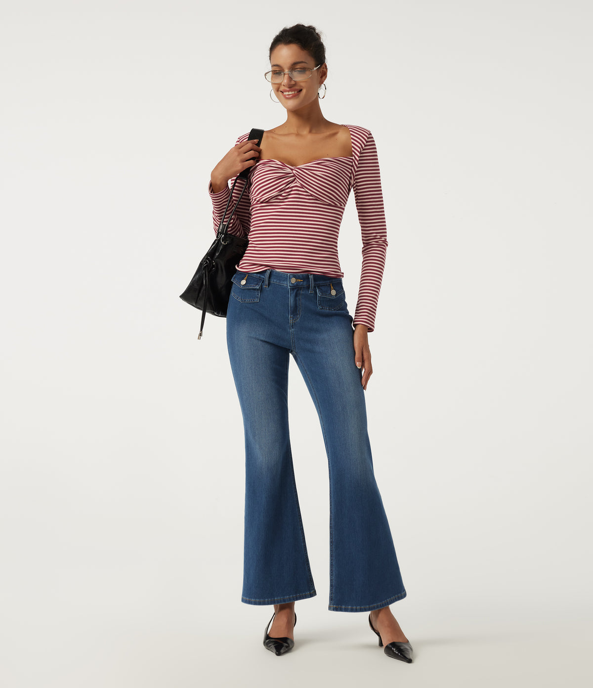 Ribbed Knit Queen Anne Neck Long Sleeve Stripe Casual Top — Cranberry Stripe — view 7