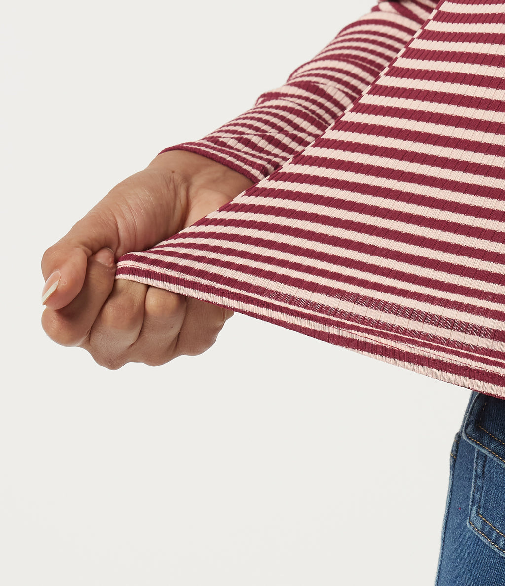 Ribbed Knit Queen Anne Neck Long Sleeve Stripe Casual Top — Cranberry Stripe — view 6