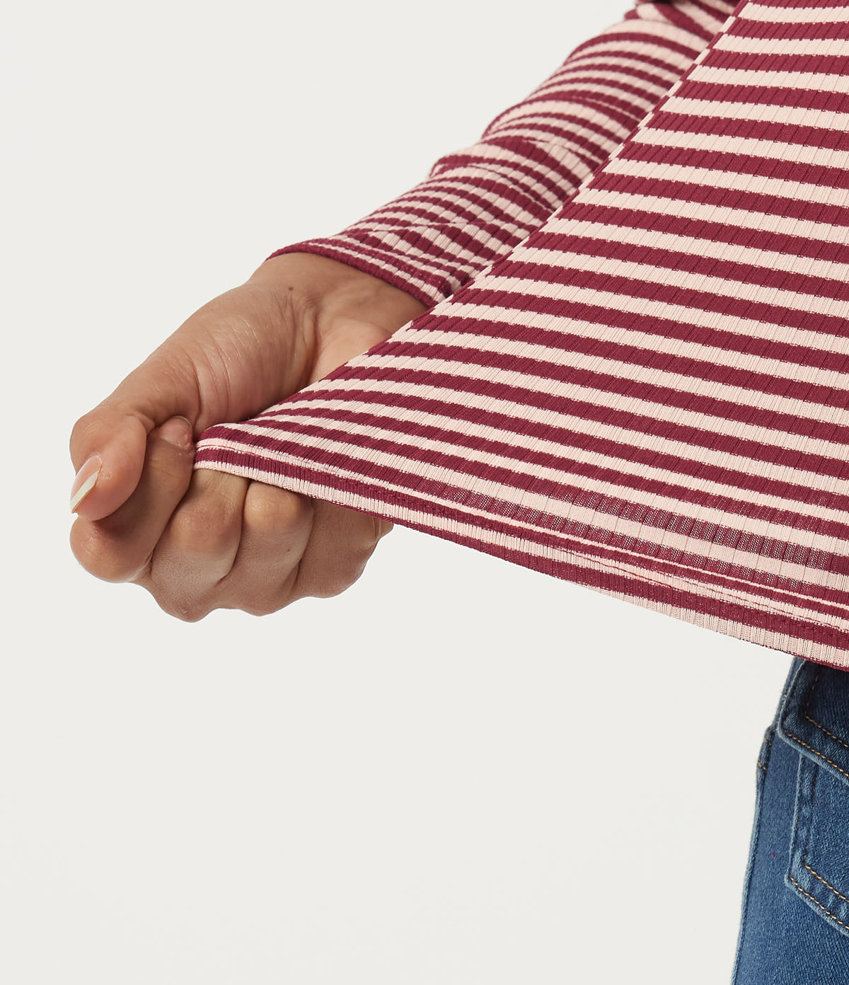 Ribbed Knit Queen Anne Neck Long Sleeve Stripe Casual Top — Cranberry Stripe — view 6