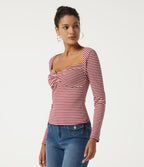 Ribbed Knit Queen Anne Neck Long Sleeve Stripe Casual Top — Cranberry Stripe — view 3