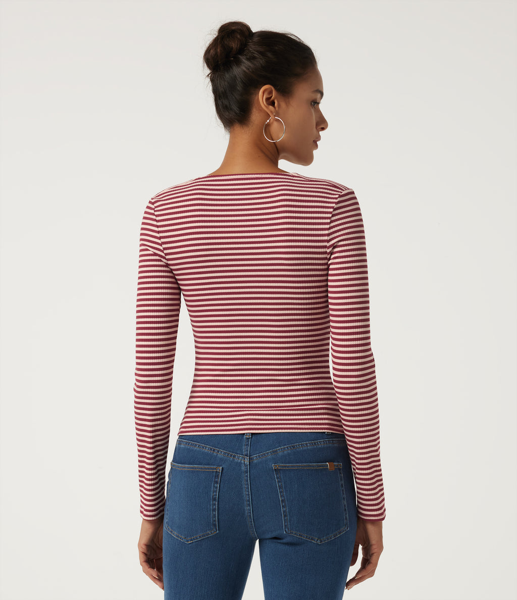 Ribbed Knit Queen Anne Neck Long Sleeve Stripe Casual Top — Cranberry Stripe — view 2