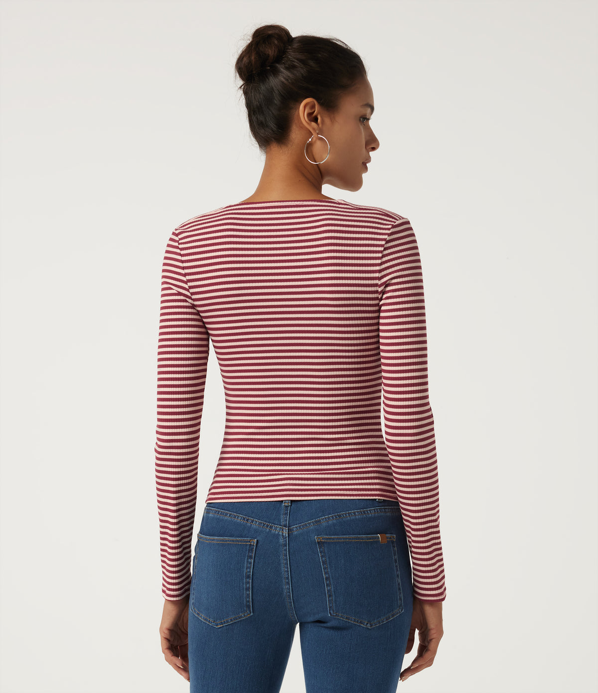 Ribbed Knit Queen Anne Neck Long Sleeve Stripe Casual Top — Cranberry Stripe — view 2