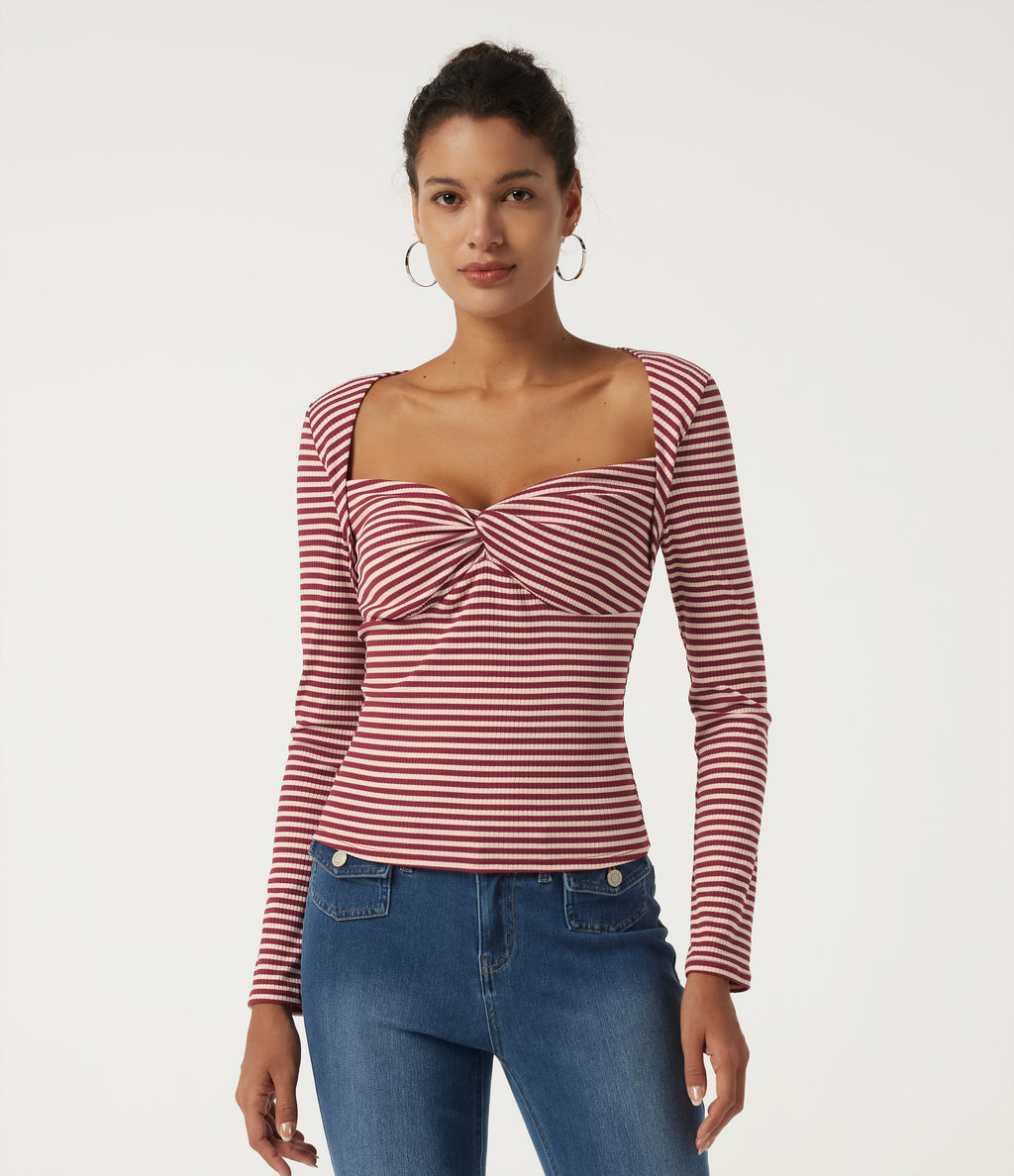 Ribbed Knit Queen Anne Neck Long Sleeve Stripe Casual Top — Cranberry Stripe — view 4
