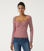 Ribbed Knit Queen Anne Neck Long Sleeve Stripe Casual Top — Cranberry Stripe — view 4