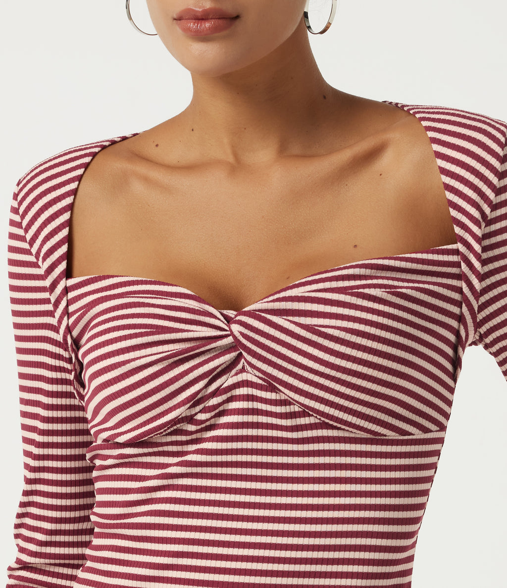 Ribbed Knit Queen Anne Neck Long Sleeve Stripe Casual Top — Cranberry Stripe — view 5
