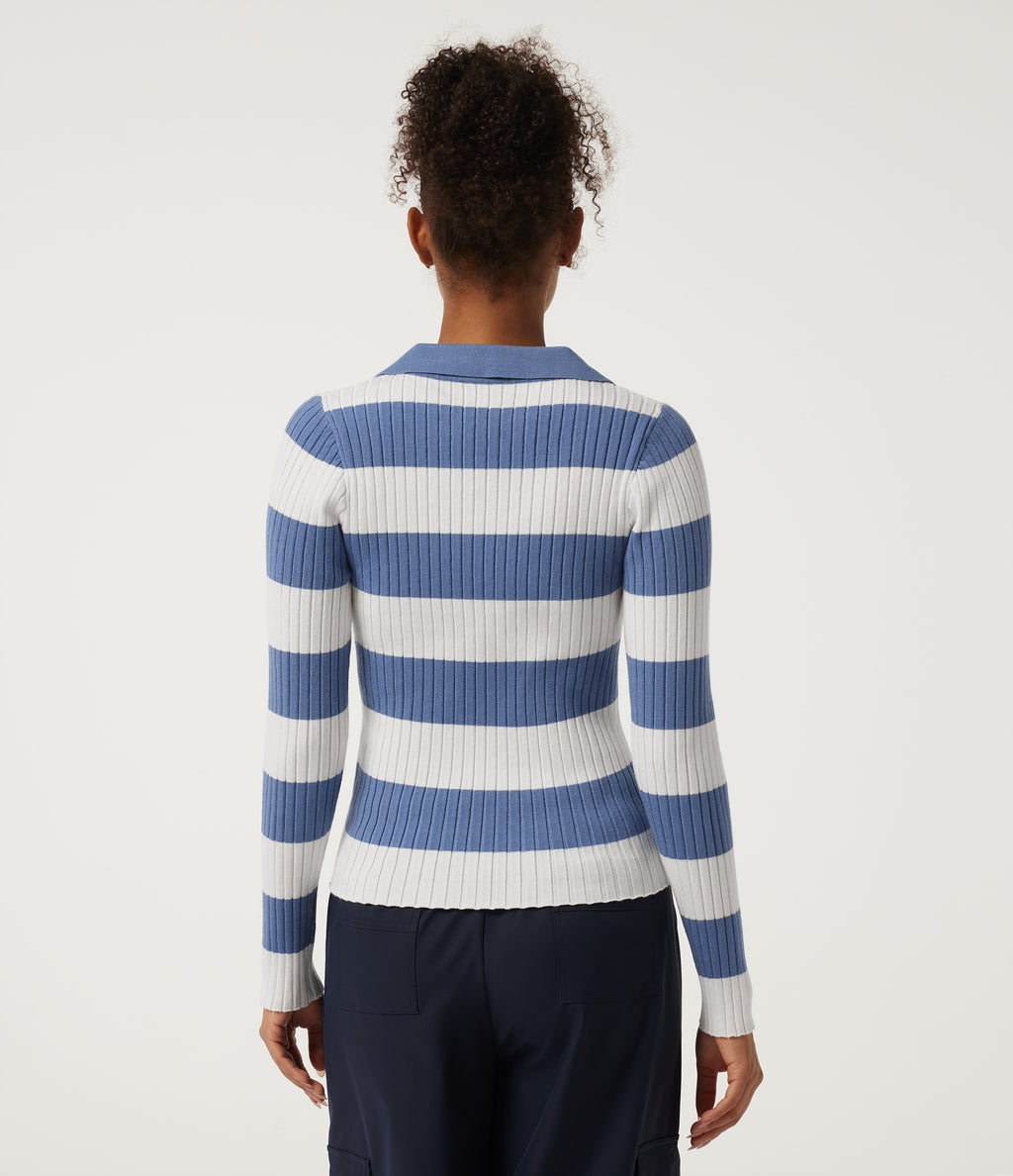 Lapel Collar Stripe Long Sleeve Casual Jumper — Marine Cove Rib Stripe — view 2