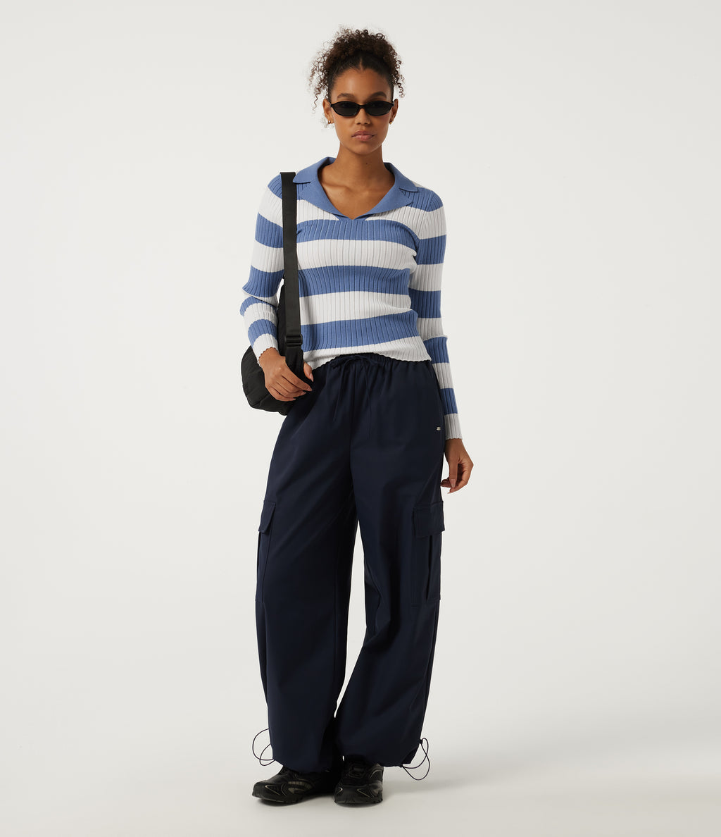 Lapel Collar Stripe Long Sleeve Casual Jumper — Marine Cove Rib Stripe — view 6