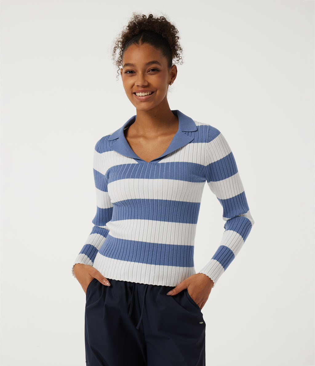 Lapel Collar Stripe Long Sleeve Casual Jumper — Marine Cove Rib Stripe — view 1