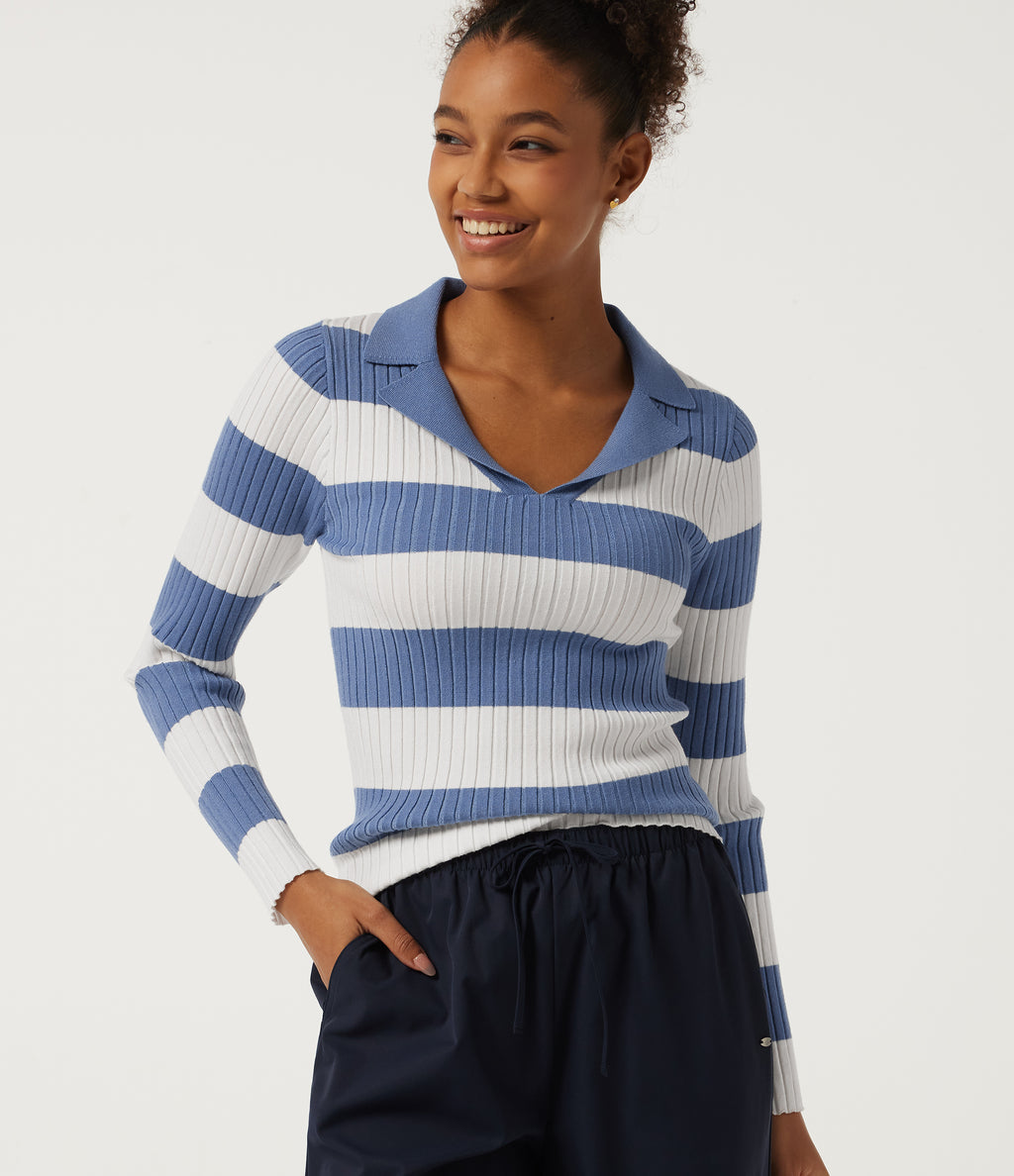 Lapel Collar Stripe Long Sleeve Casual Jumper — Marine Cove Rib Stripe — view 4