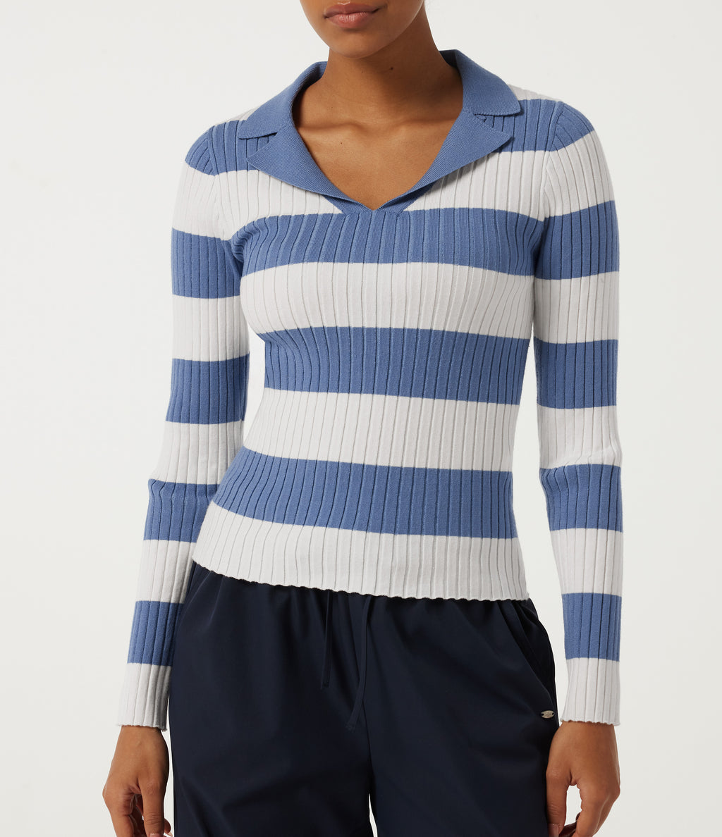 Lapel Collar Stripe Long Sleeve Casual Jumper — Marine Cove Rib Stripe — view 5
