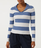 Lapel Collar Stripe Long Sleeve Casual Jumper — Marine Cove Rib Stripe — view 5