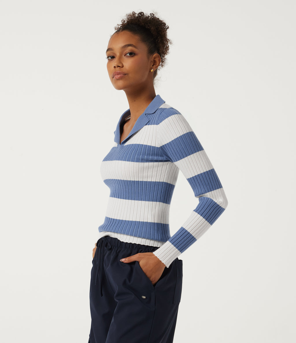 Lapel Collar Stripe Long Sleeve Casual Jumper — Marine Cove Rib Stripe — view 3