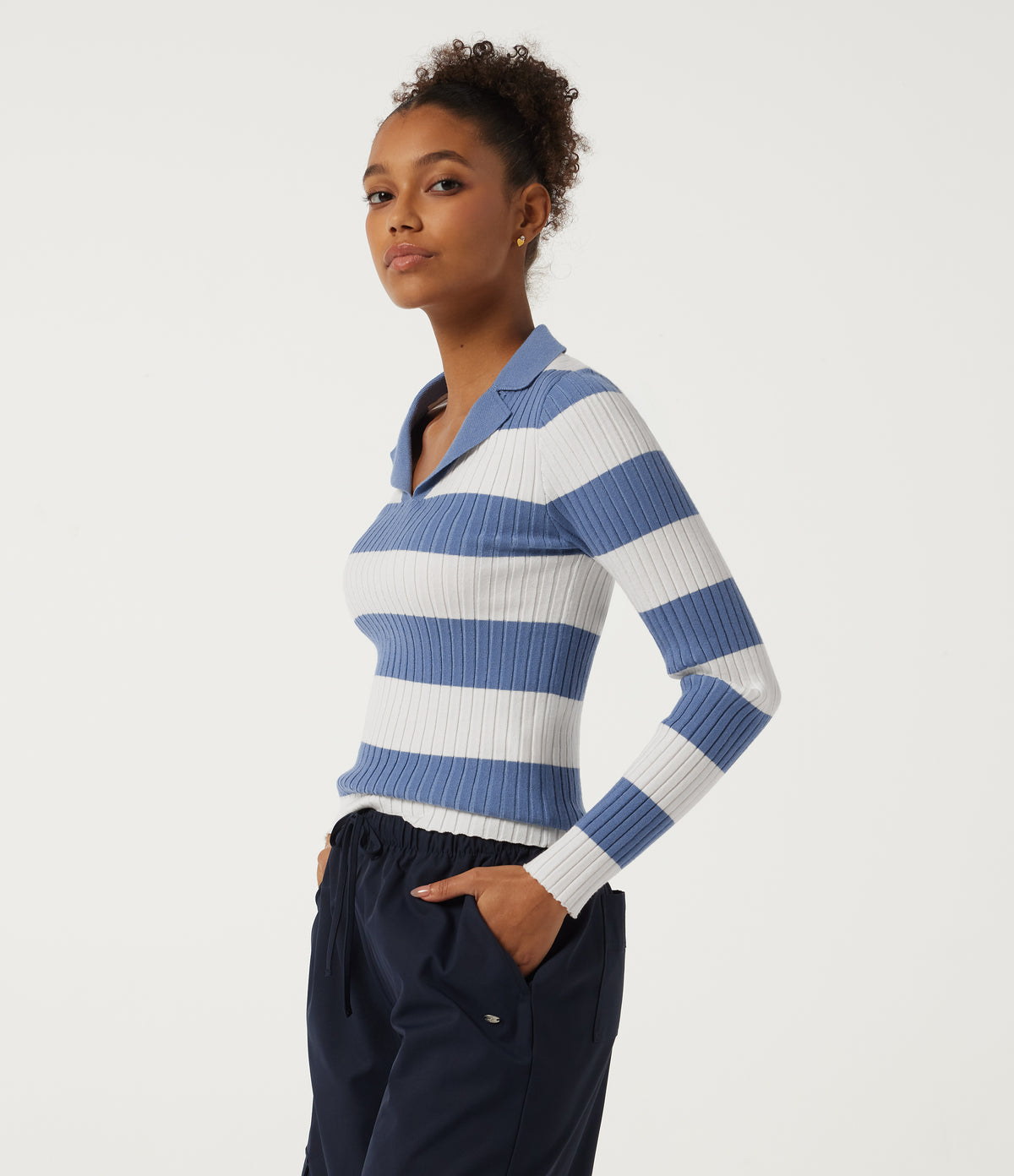 Lapel Collar Stripe Long Sleeve Casual Jumper — Marine Cove Rib Stripe — view 3