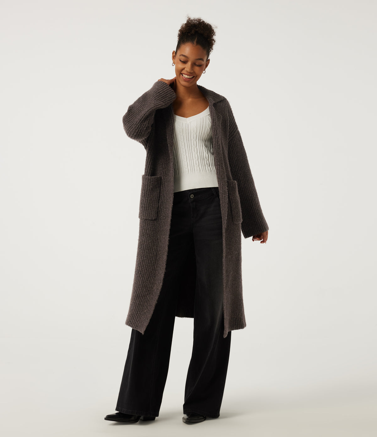Lapel Collar Long Sleeve Adjustable Waist Lace Up Work Jumper with Pockets — Brown — view 4