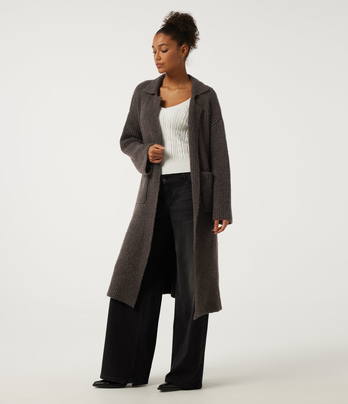 Lapel Collar Long Sleeve Adjustable Waist Lace Up Work Jumper with Pockets — Brown — view 3