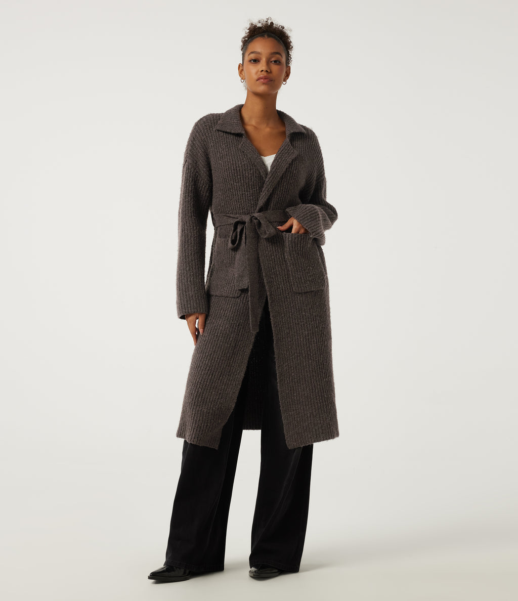 Lapel Collar Long Sleeve Adjustable Waist Lace Up Work Jumper with Pockets — Brown — view 1