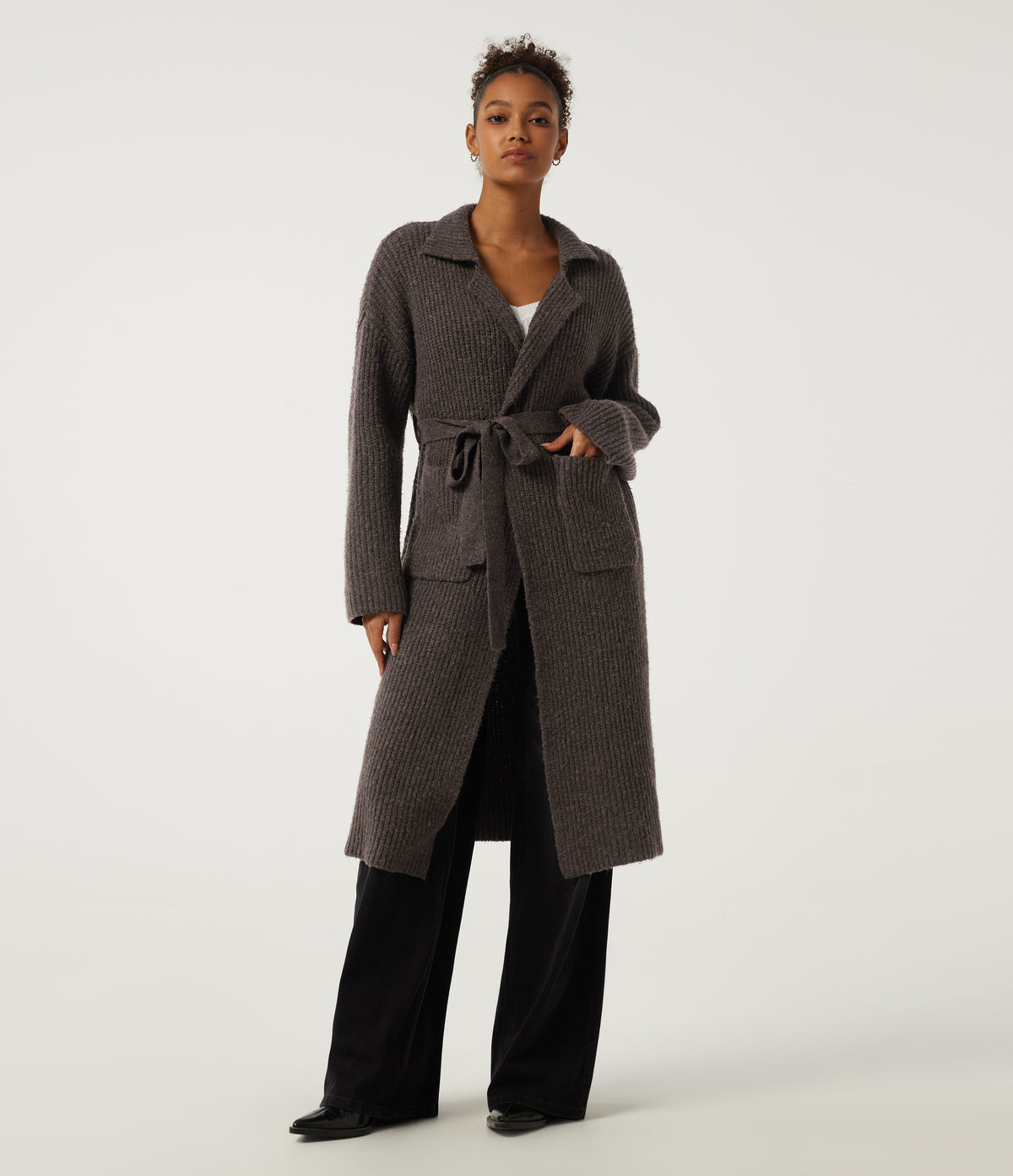 Lapel Collar Long Sleeve Adjustable Waist Lace Up Work Jumper with Pockets — Brown — view 1