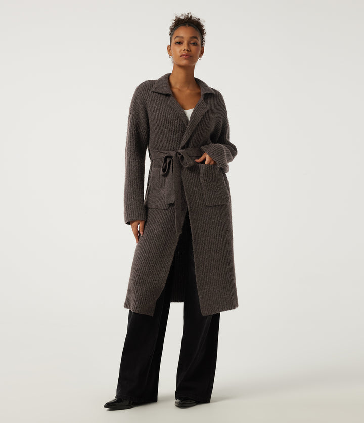 Lapel Collar Long Sleeve Adjustable Waist Lace Up Work Jumper with Pockets — Brown — view 1