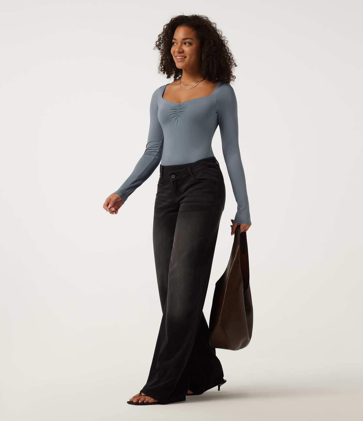 Diamond Collar Long Sleeve Built-in Bra Ruched Casual Bodysuit — Sea Fog Blue — view 7