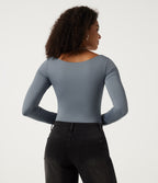 Diamond Collar Long Sleeve Built-in Bra Ruched Casual Bodysuit — Sea Fog Blue — view 2