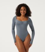 Diamond Collar Long Sleeve Built-in Bra Ruched Casual Bodysuit — Sea Fog Blue — view 4