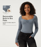 Diamond Collar Long Sleeve Built-in Bra Ruched Casual Bodysuit — Sea Fog Blue — view 1