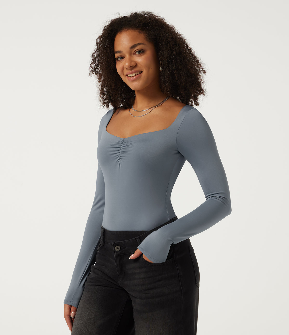 Diamond Collar Long Sleeve Built-in Bra Ruched Casual Bodysuit — Sea Fog Blue — view 3
