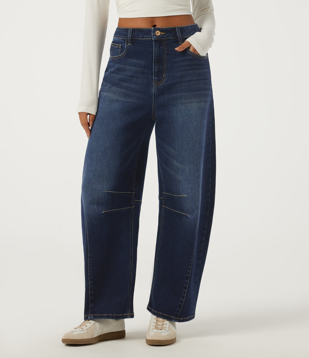 Mid Rise Barrel Leg Casual Jeans with Pockets — Pageant Blue Denim — view 1