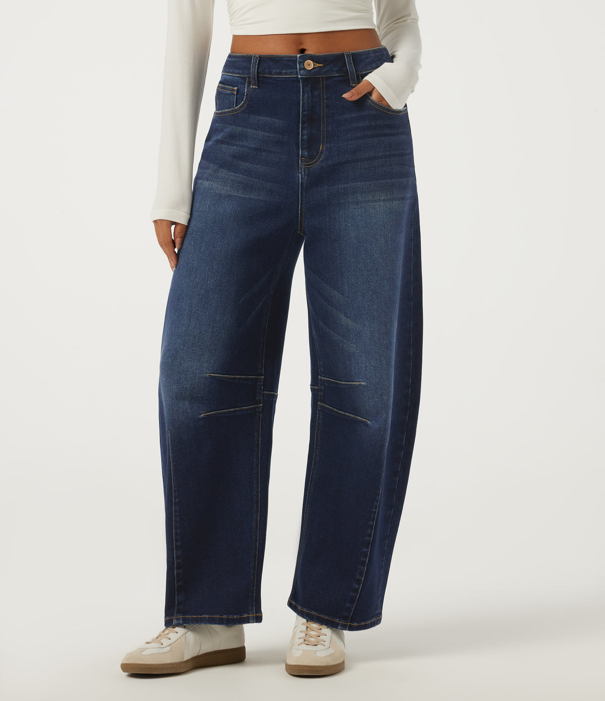 Mid Rise Barrel Leg Casual Jeans with Pockets — Pageant Blue Denim — view 1