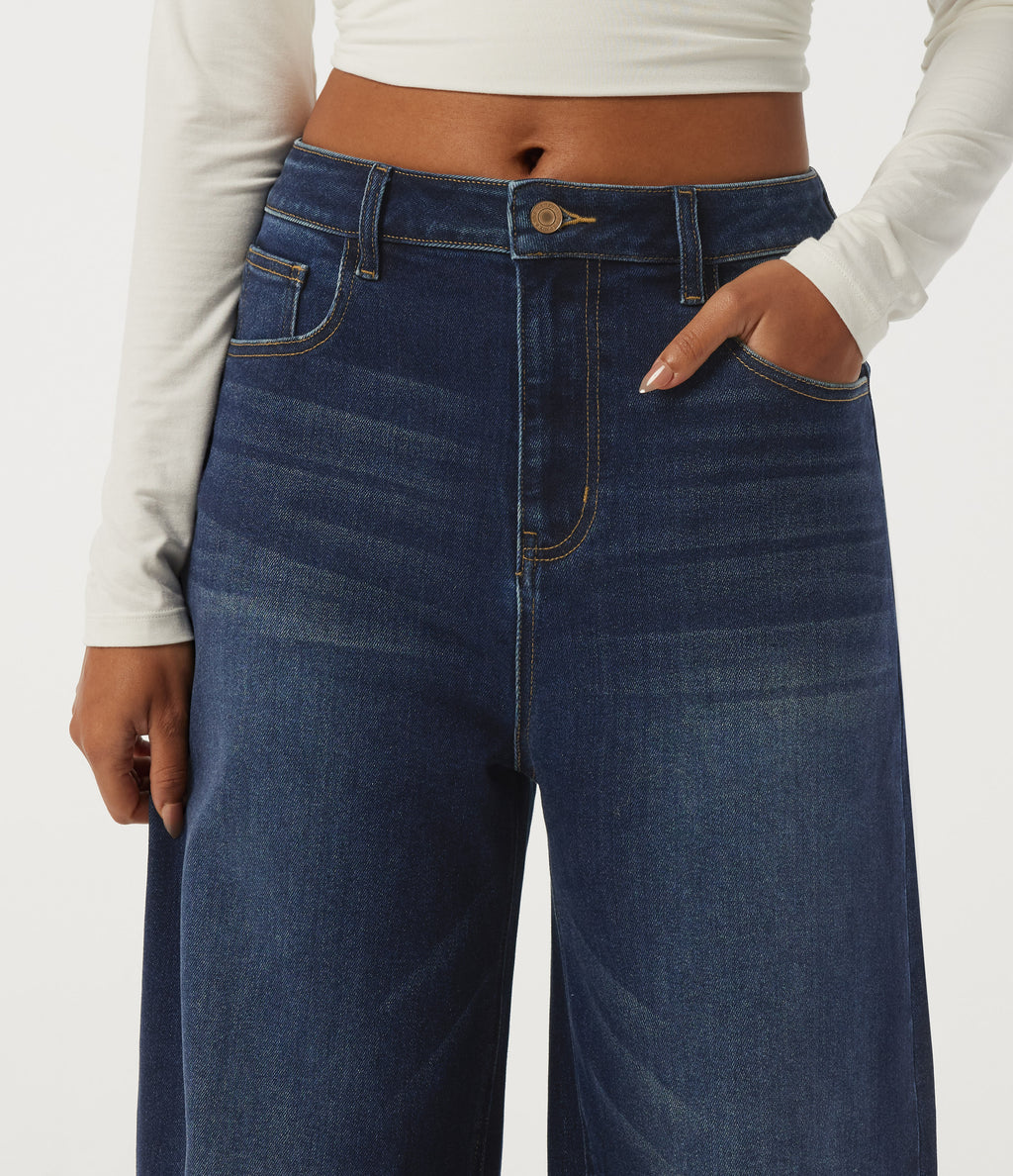 Mid Rise Barrel Leg Casual Jeans with Pockets — Pageant Blue Denim — view 4