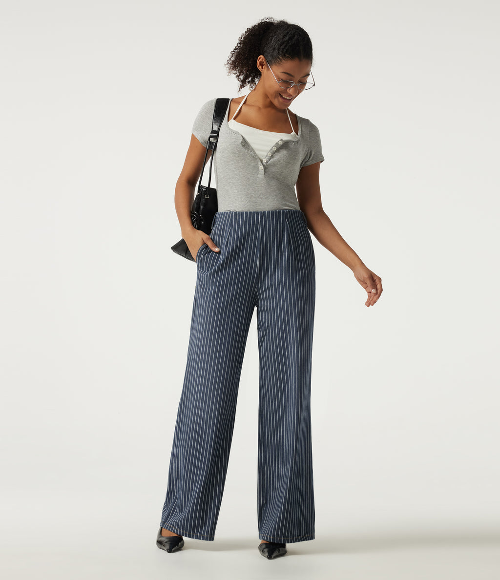 High Waisted Wide Leg Work Cotton Jeans with Pockets — Navy Peony — view 7