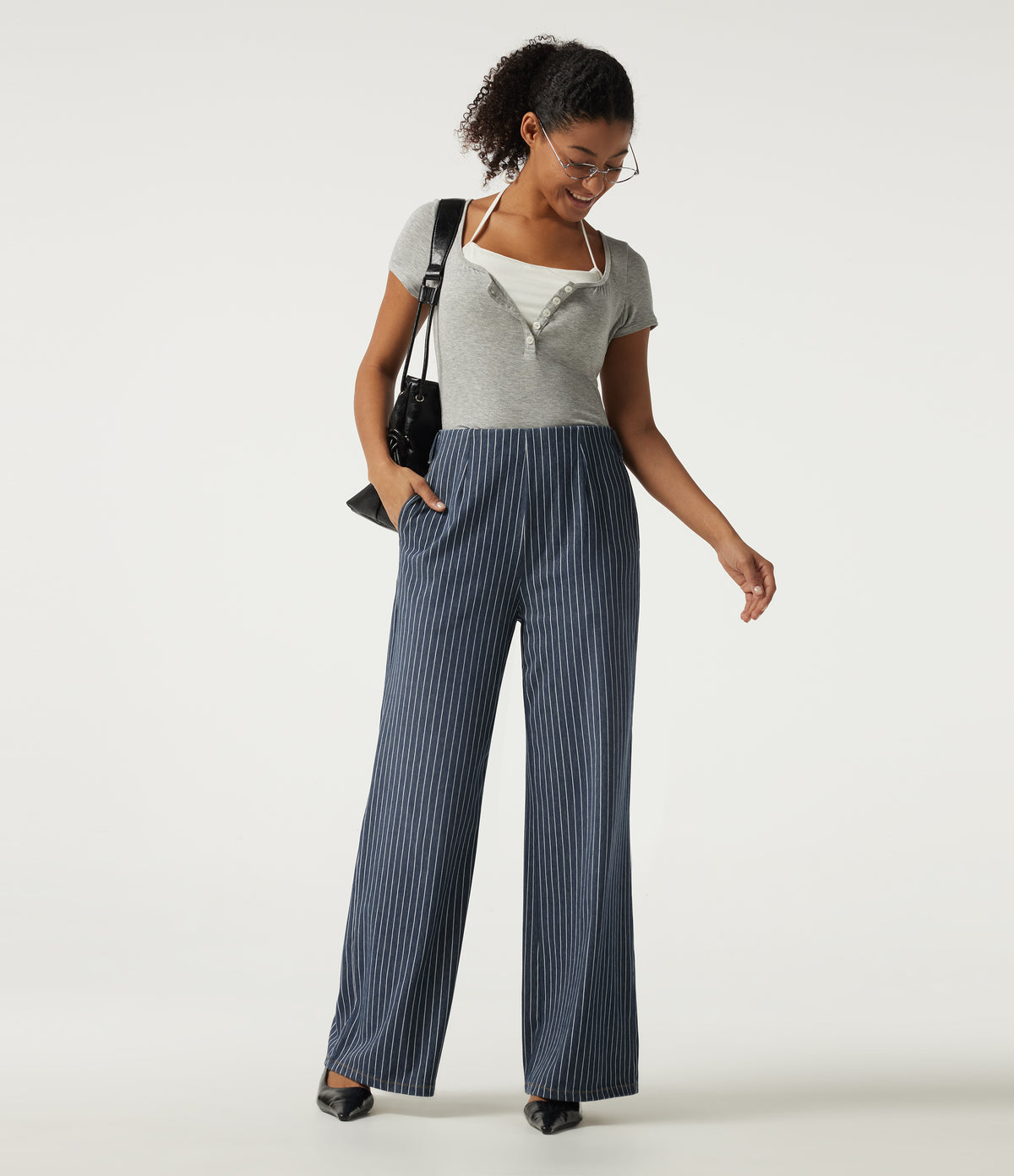 High Waisted Wide Leg Work Cotton Jeans with Pockets — Navy Peony — view 7