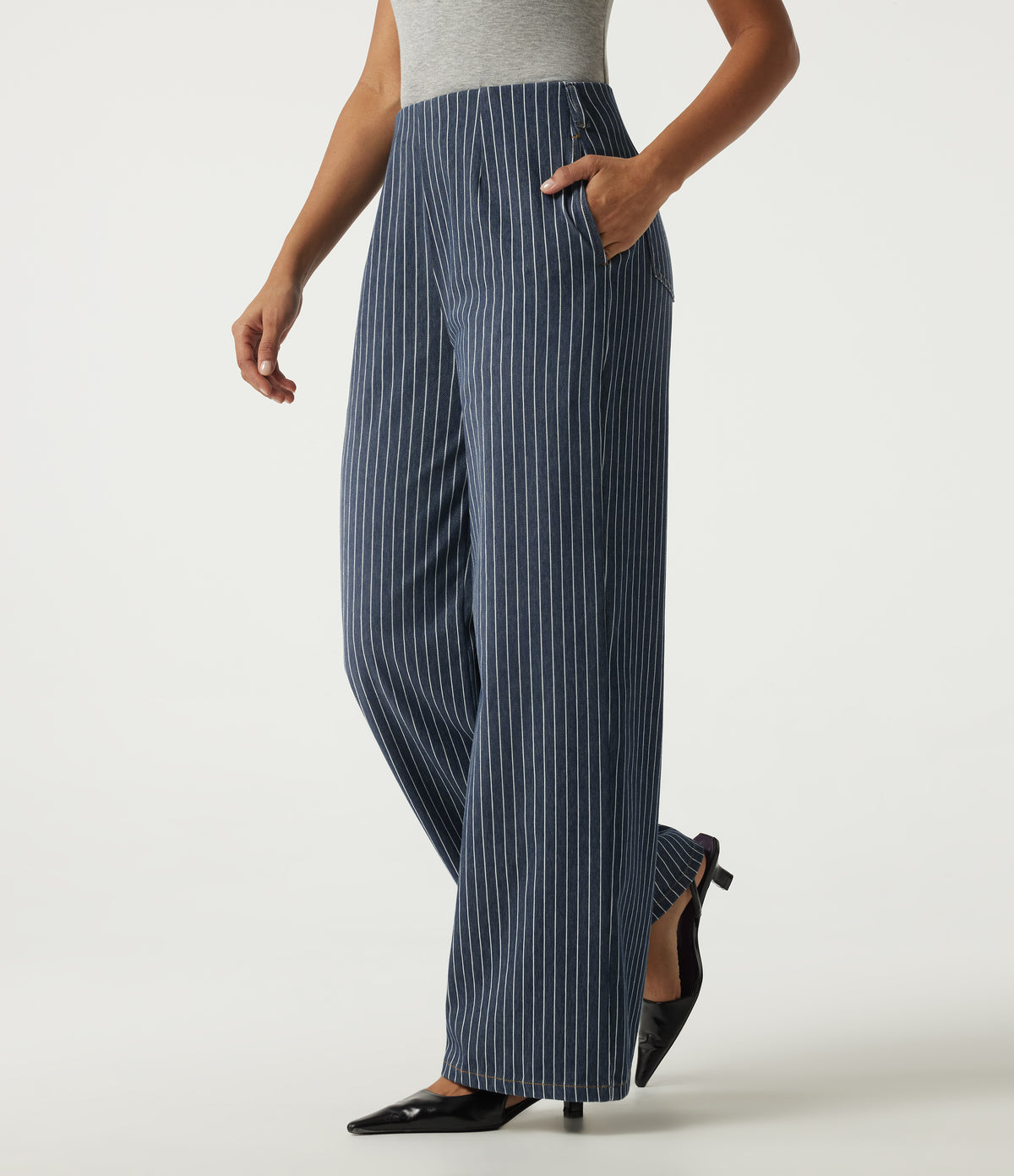 High Waisted Wide Leg Work Cotton Jeans with Pockets — Navy Peony — view 1