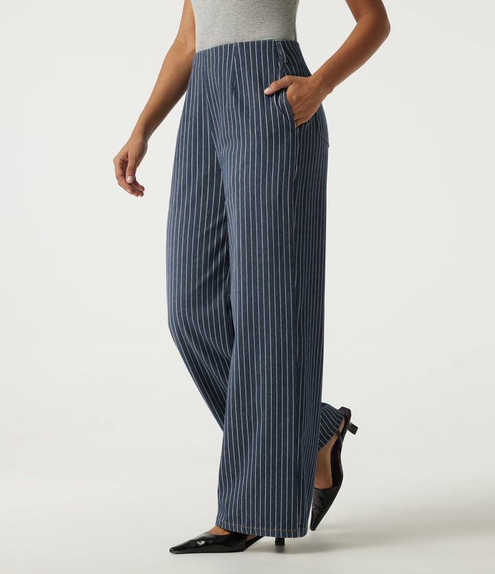 High Waisted Wide Leg Work Cotton Jeans with Pockets — Navy Peony — view 1
