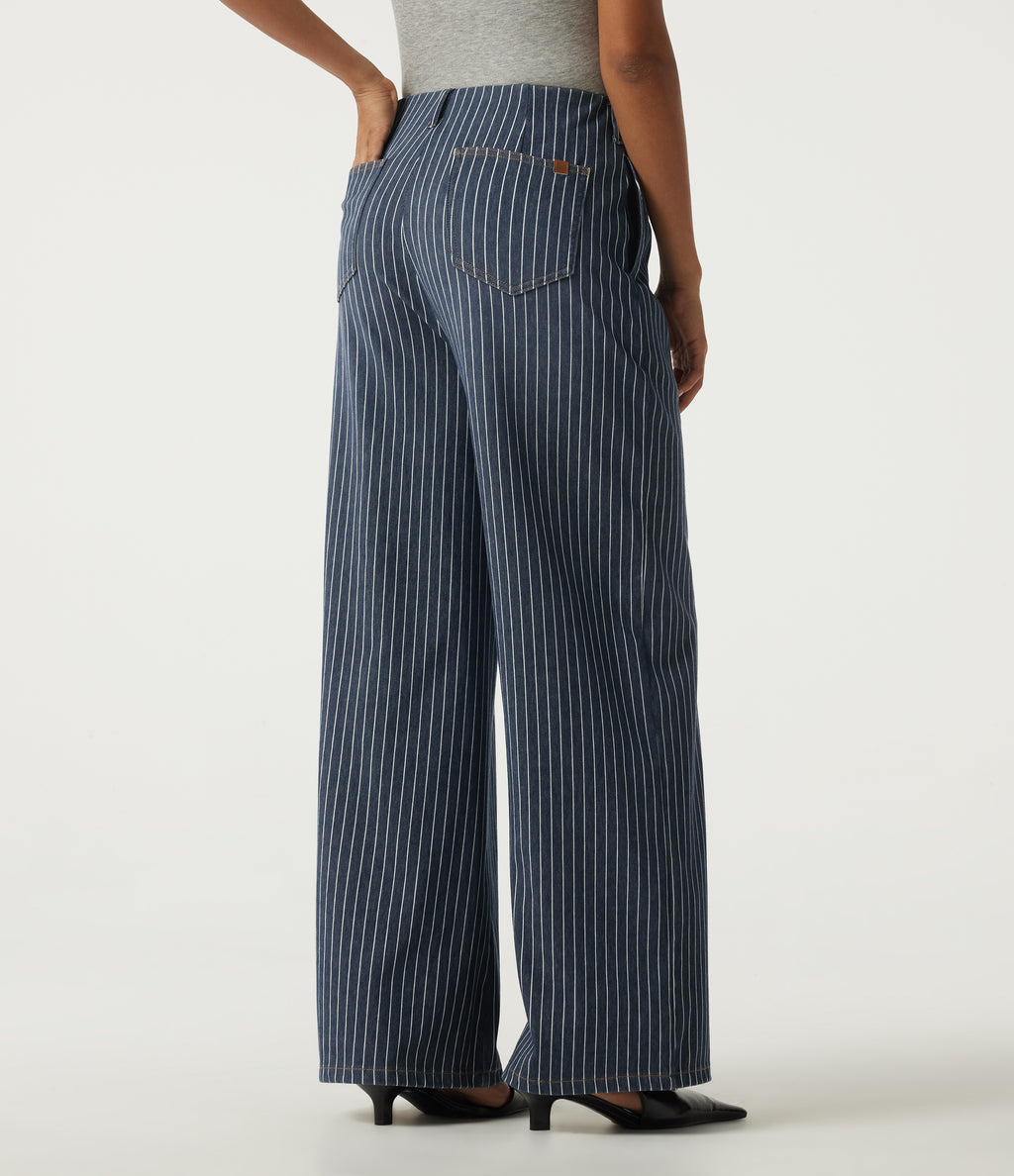 High Waisted Wide Leg Work Cotton Jeans with Pockets — Navy Peony — view 2