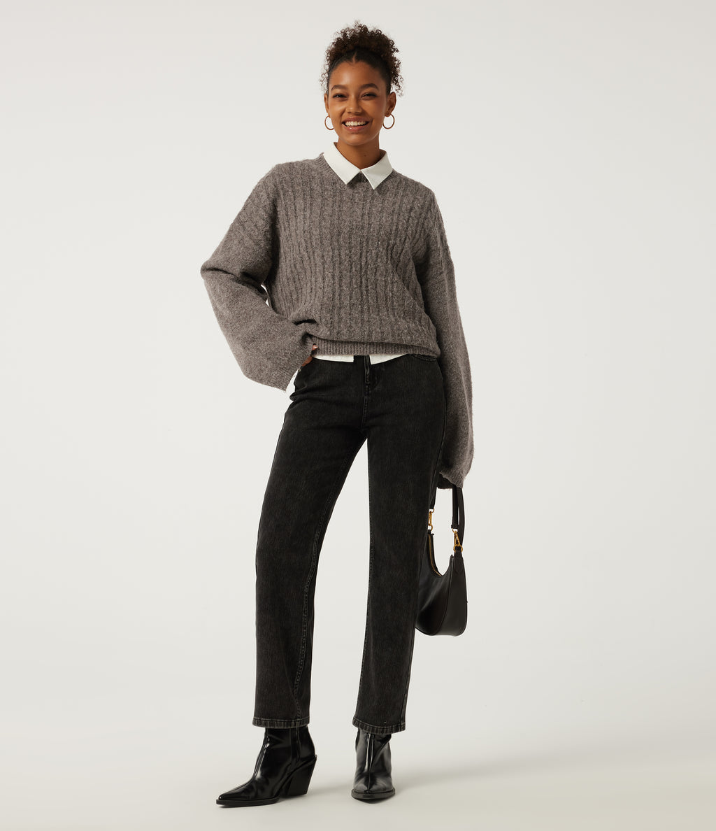 Stand Collar Drop Shoulder Bell Sleeve Long Sleeve Work Jumper — Fossil — view 7
